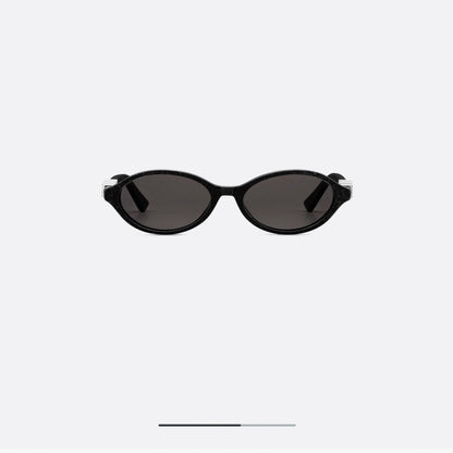 D**R Small Round Oval Sunglasses | Gloss Black Acetate, Crystal-Set DIOR Letter Temple Block, Gold Metal Nose Bridge, Flat Dark Grey Lenses