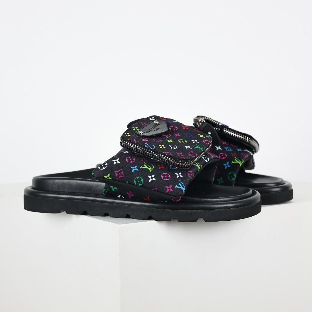 L***V Black Multicolor Monogram Gold Zipper Bow Wide Strap Pool Pillow Slide Sandals — Spring Summer Boutique Limited Edition