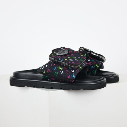 L***V Black Multicolor Monogram Gold Zipper Bow Wide Strap Pool Pillow Slide Sandals — Spring Summer Boutique Limited Edition