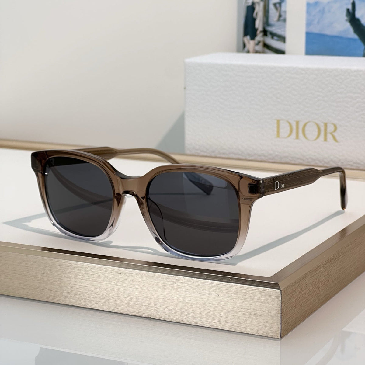 D**R Square Sunglasses with Two-Tone Transparent Grey Acetate Frame, Dark Grey Solid Lenses & Logo Script Temple