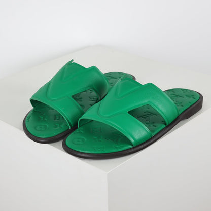 L***V Emerald Green Smooth Leather H-Strap Multi-Band Oasis Flat Slide Sandals — Spring Summer Boutique Limited Edition