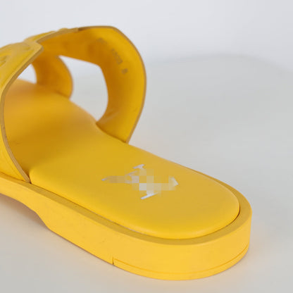 L***V Lemon Yellow Smooth Leather H-Strap Multi-Band Oasis Flat Slide Sandals — Spring Summer Boutique Limited Edition