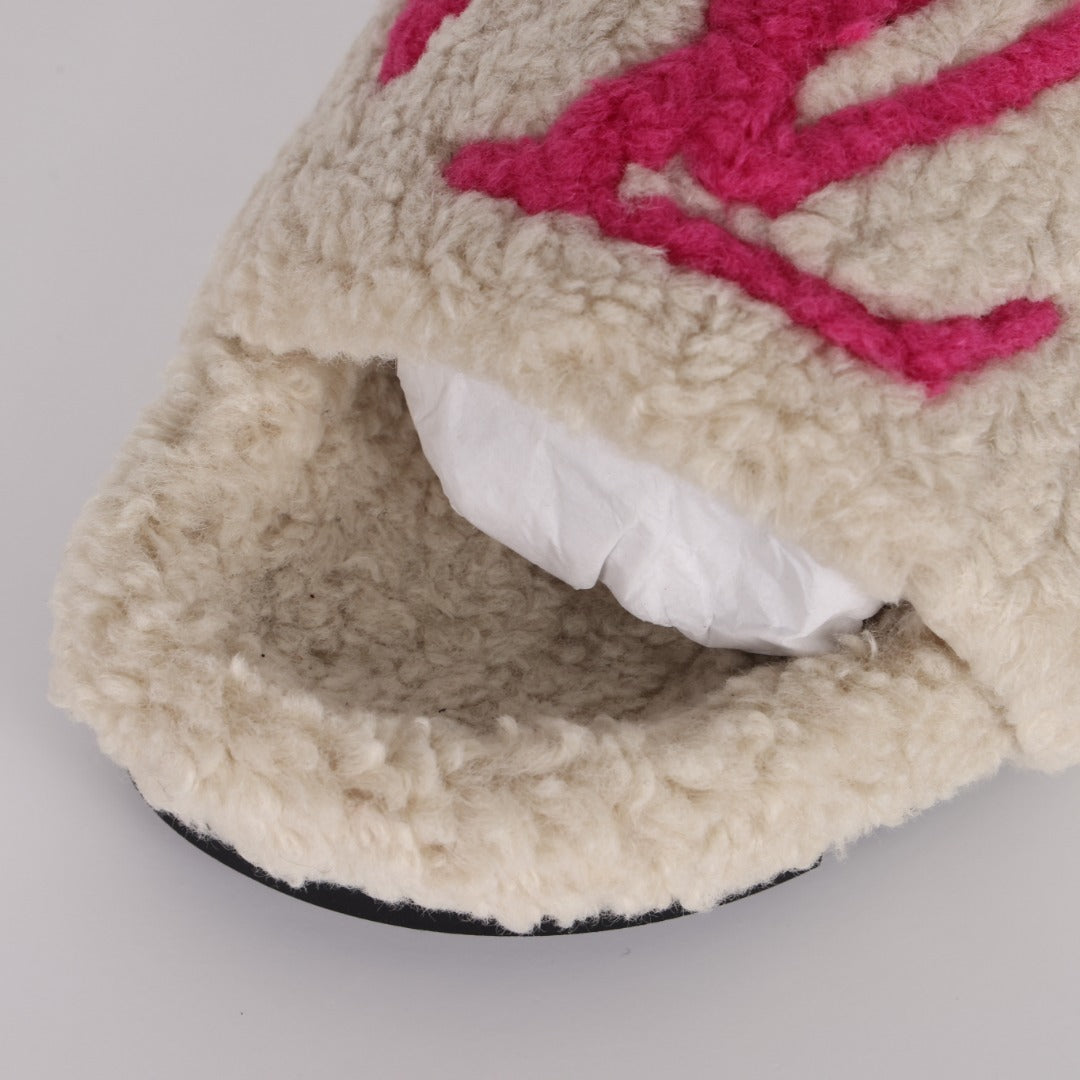 L***V Cream White Hot Pink Monogram Shearling Lambswool Single Strap Slide Sandals — Autumn Winter Boutique Limited Edition