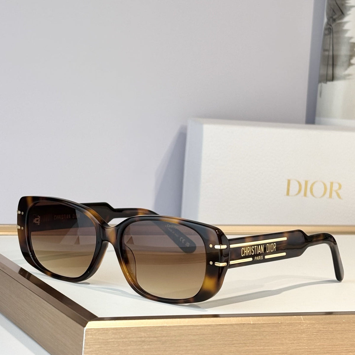 D**R Thick Rectangular Sunglasses with Tortoiseshell Acetate Frame, Brown Gradient Lenses & Gold Logo Temple Hardware
