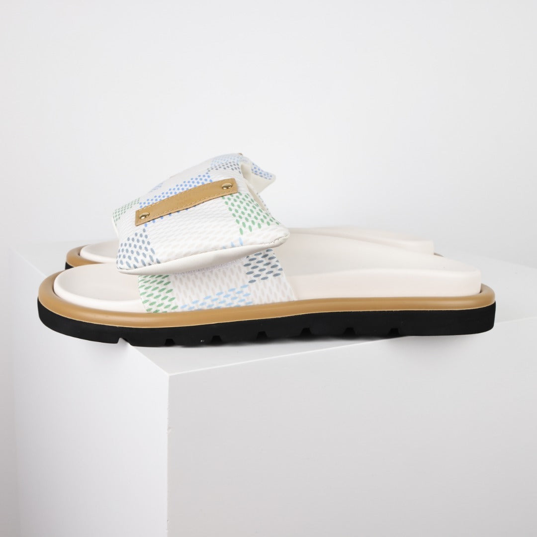 L***V White Mesh Woven Gold Bar Wide Strap Pool Pillow Comfort Slide Sandals — Spring Summer Boutique Limited Edition