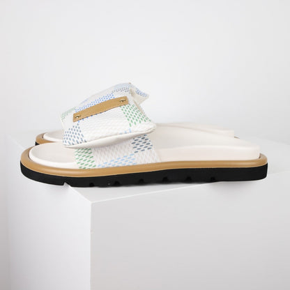 L***V White Mesh Woven Gold Bar Wide Strap Pool Pillow Comfort Slide Sandals — Spring Summer Boutique Limited Edition