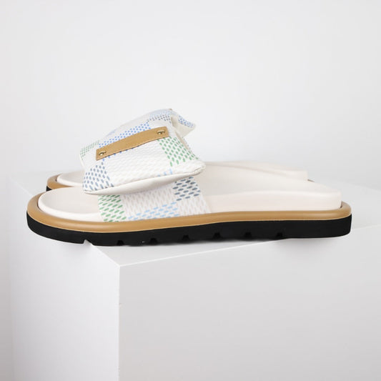 L***V White Mesh Woven Gold Bar Wide Strap Pool Pillow Comfort Slide Sandals — Spring Summer Boutique Limited Edition