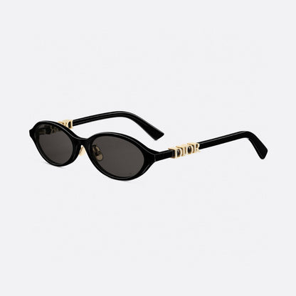D**R Oval Cat-Eye Sunglasses | Gloss Black Acetate Frame, 3D DIOR Letter Hinge Block, Gold Metal Nose Bridge, Flat Grey Lenses