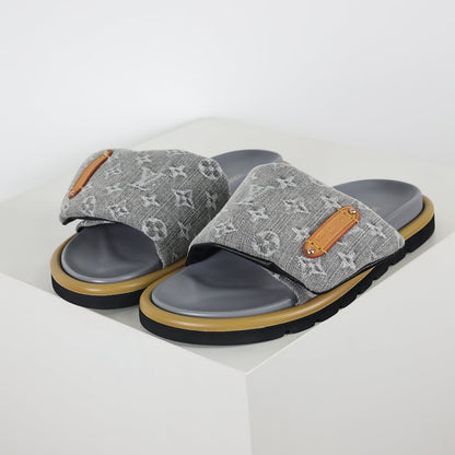 L***V Grey Denim Monogram Canvas Leather Buckle Strap Wide Band Platform Slide Sandals — Spring Summer Boutique Limited Edition