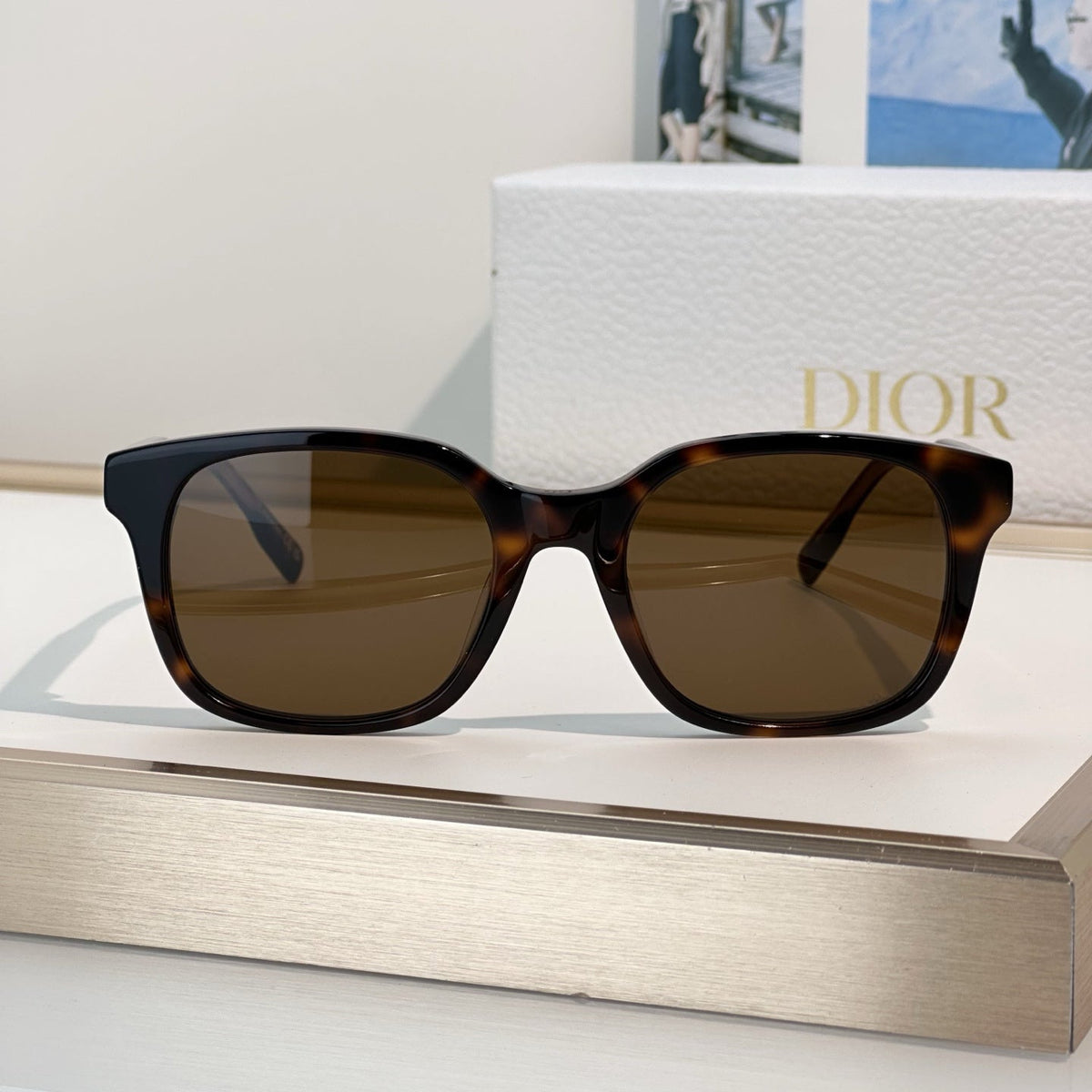 D**R Square Sunglasses with Two-Tone Transparent Grey Acetate Frame, Dark Grey Solid Lenses & Logo Script Temple