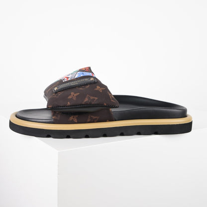 L***V Classic Brown Monogram Multicolor Cartoon Graffiti Print Wide Strap Slip-On Slide Sandals — Spring Summer Boutique Limited Edition