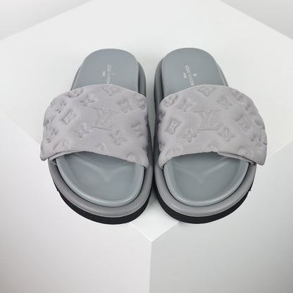 L***V Light Grey Tonal Embossed Monogram Wide Strap Flat Slide Sandals — 2024 Spring Summer Boutique Limited Edition