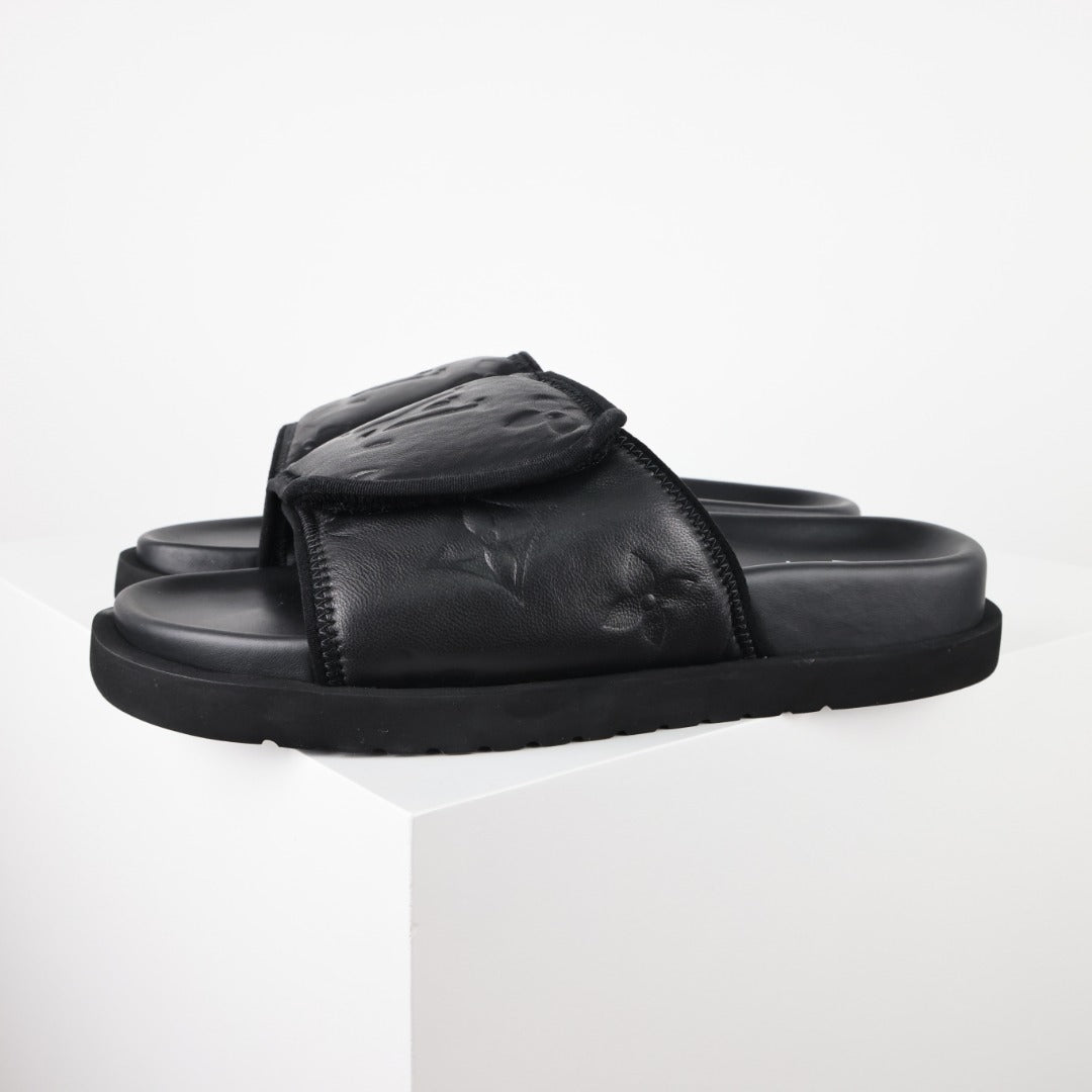 L***V All-Black Inflated Pillow Leather Velcro Adjustable Wide Strap Miami Slide Sandals — Spring Summer Boutique Limited Edition