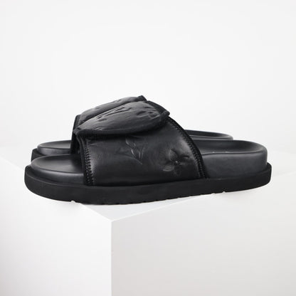 L***V All-Black Inflated Pillow Leather Velcro Adjustable Wide Strap Miami Slide Sandals — Spring Summer Boutique Limited Edition