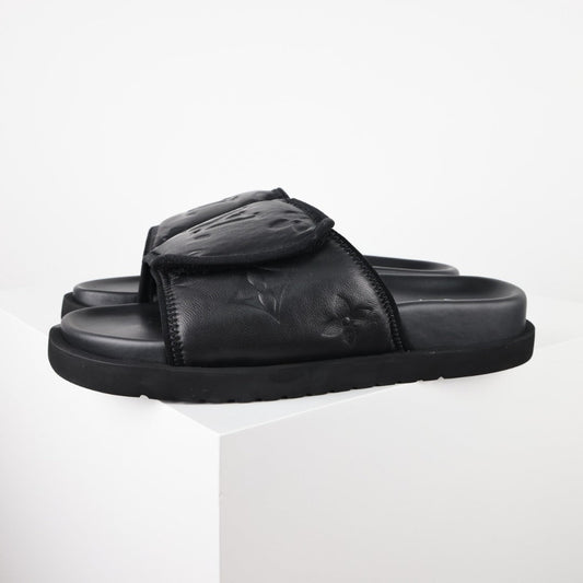 L***V All-Black Inflated Pillow Leather Velcro Adjustable Wide Strap Miami Slide Sandals — Spring Summer Boutique Limited Edition