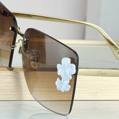 D**R Clover S1U Rimless Sunglasses | Gold Metal Frame, White Floral Detail & Brown Gradient Lenses