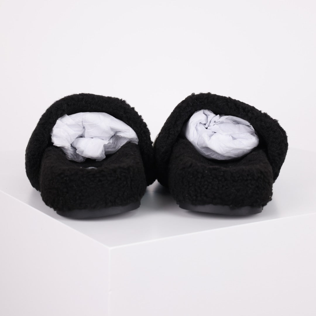 L***V Black White Monogram Shearling Lambswool Fluffy Double Strap Slide Sandals — Autumn Winter Boutique Limited Edition