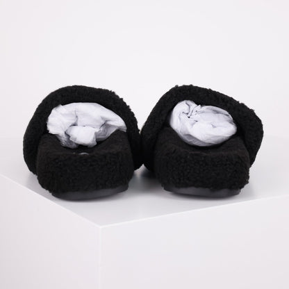 L***V Black White Monogram Shearling Lambswool Fluffy Double Strap Slide Sandals — Autumn Winter Boutique Limited Edition