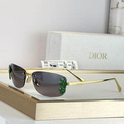 D**R Clover S1U Rimless Sunglasses | Gold Metal Frame, Dark Green Floral Detail & Grey Lenses