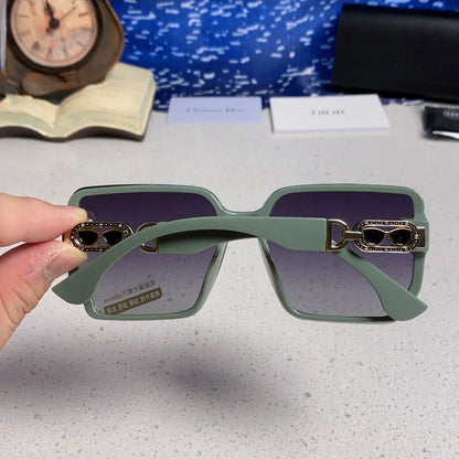 D**R Oversized Square Sunglasses | Sage Green Frame, Gold CD Logo Temple & Blue-Purple Gradient Lenses