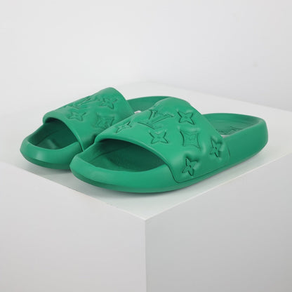 L***V Kelly Green Tonal Monogram Embossed Waterproof EVA Waterfront Wide Strap Slide Sandals — Spring Summer Boutique Limited Edition