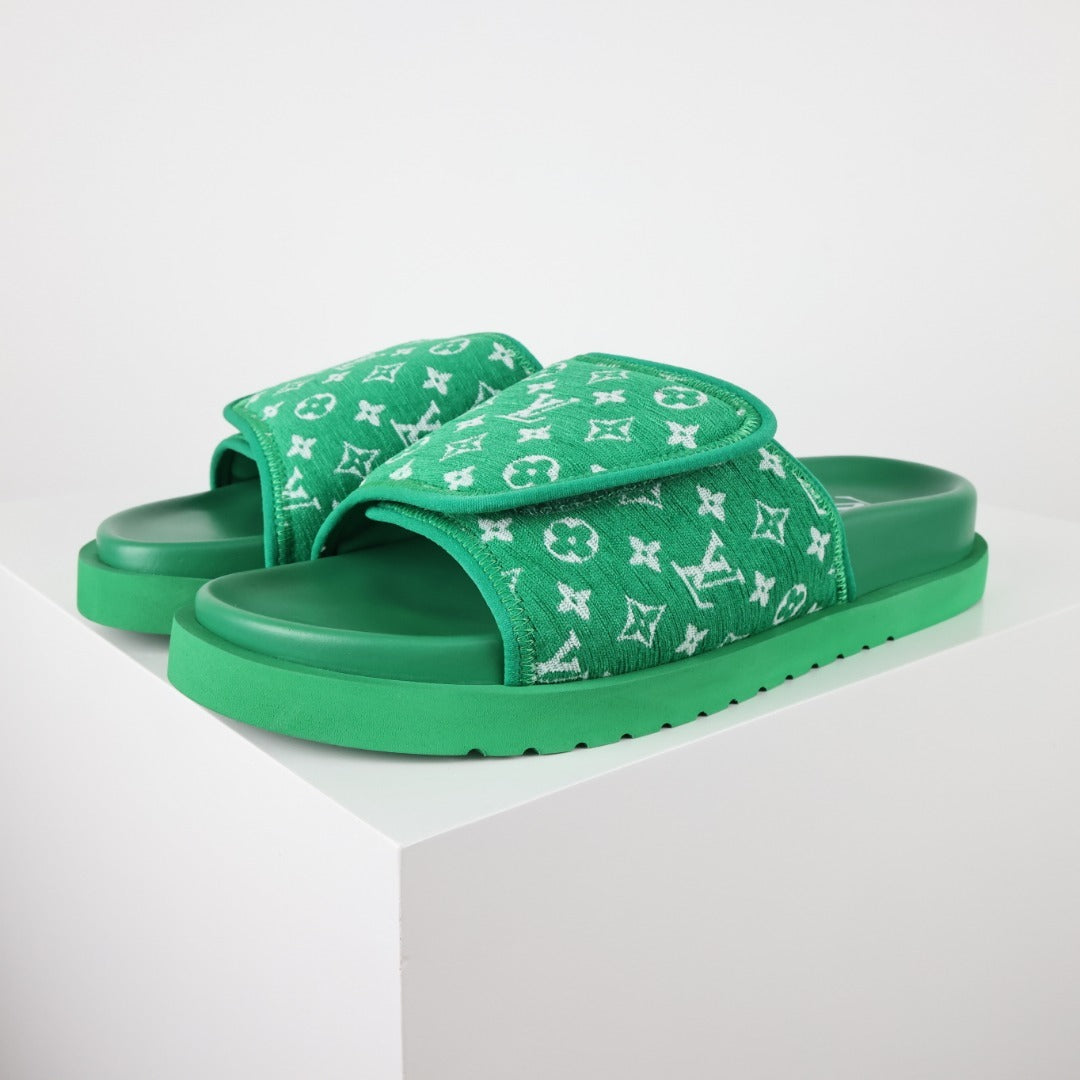 L***V Grass Green Monogram Woven Jacquard Velcro Adjustable Wide Strap Miami Slide Sandals — Spring Summer Boutique Limited Edition