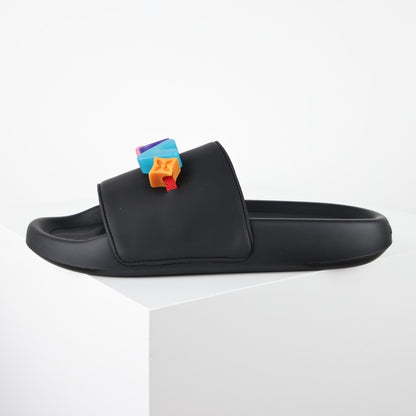 L***V Rubber Pool Slide Sandals — SS23 Limited Edition 3D Logo Charm Slip-On Beach Slippers (Black)