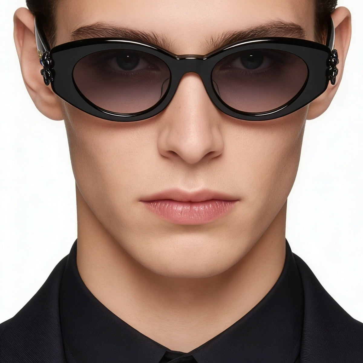 D**R Cat-Eye Oval Sunglasses | Glossy Black Acetate Frame, 3D Floral Detail & Grey Gradient Lenses