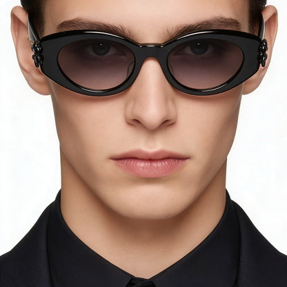 D**R Cat-Eye Oval Sunglasses | Glossy Black Acetate Frame, 3D Floral Detail & Grey Gradient Lenses