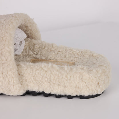 L***V Cream White Hot Pink Monogram Shearling Lambswool Single Strap Slide Sandals — Autumn Winter Boutique Limited Edition