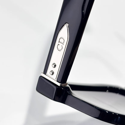D**R Oversized Square Acetate Sunglasses | Gloss Black Frame, CD Rivet Temple, Silver Metal Tip, Light Gradient Grey Lenses