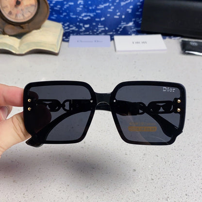 D**R Oversized Square Sunglasses | All-Black Frame, Gold CD Logo Temple & Dark Grey Lenses