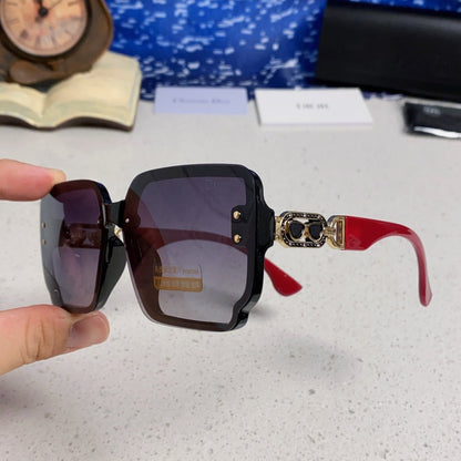 D**R Oversized Square Sunglasses | Black Frame, Red Temple, Gold CD Logo & Blue-Grey Gradient Lenses