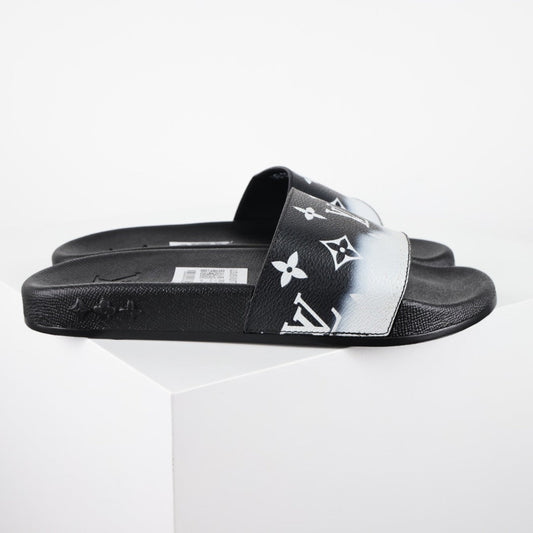 L***V Black White Gradient Oversized Monogram Waterfront Wide Strap Slide Sandals — Spring Summer Boutique Limited Edition