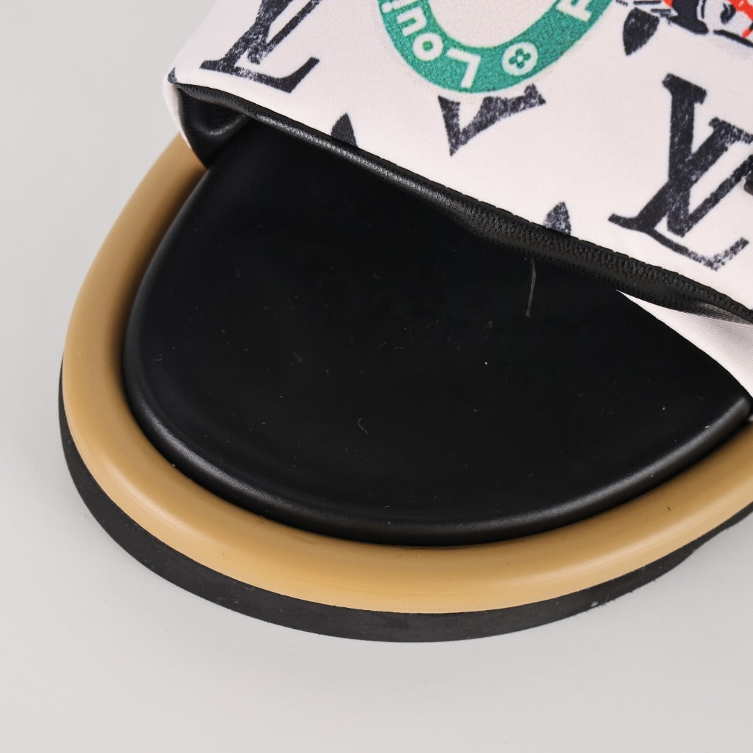 L***V White Multicolor Graffiti Monogram Velcro Adjustable Strap Slide Sandals — Spring Summer Boutique Limited Edition