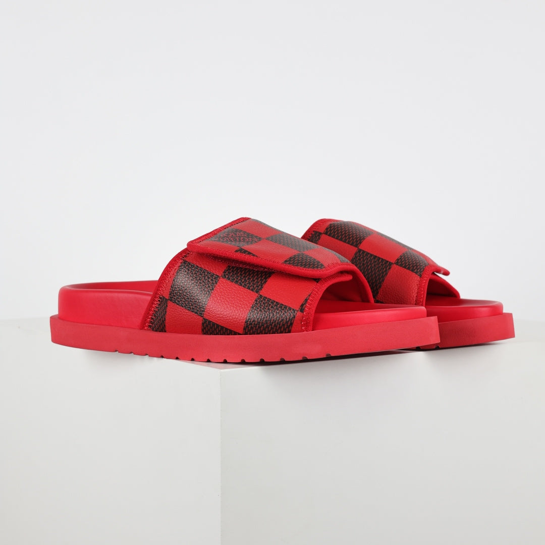 L***V Scarlet Red Dark Brown Damier Checkerboard Velcro Adjustable Wide Strap Miami Slide Sandals — Spring Summer Boutique Limited Edition