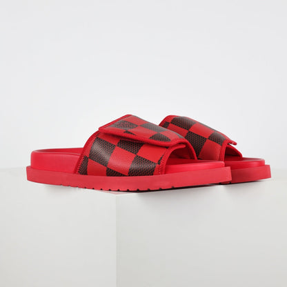 L***V Scarlet Red Dark Brown Damier Checkerboard Velcro Adjustable Wide Strap Miami Slide Sandals — Spring Summer Boutique Limited Edition