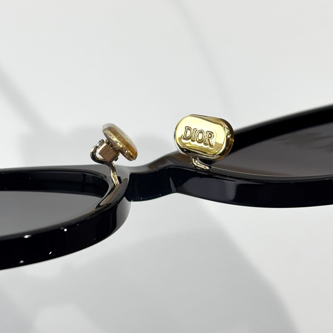 D**R Small Round Oval Sunglasses | Gloss Black Acetate, Crystal-Set DIOR Letter Temple Block, Gold Metal Nose Bridge, Flat Dark Grey Lenses