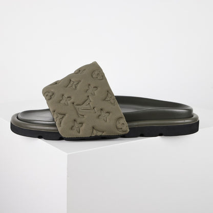 L***V Monogram Embossed Velvet Slide Sandals — Tonal Wide Band Slip-On Pool Beach Slippers (5 Colors)