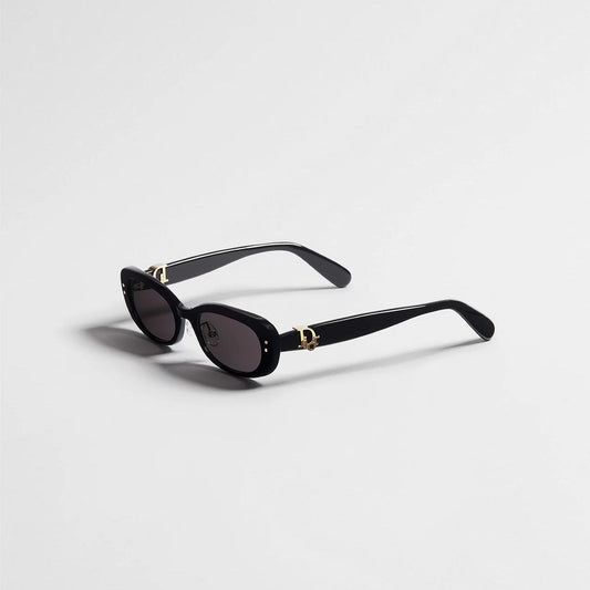 D**R Slim Rectangular Sunglasses with Glossy Black Frame, Dark Grey Lenses & Silver Logo Hardware