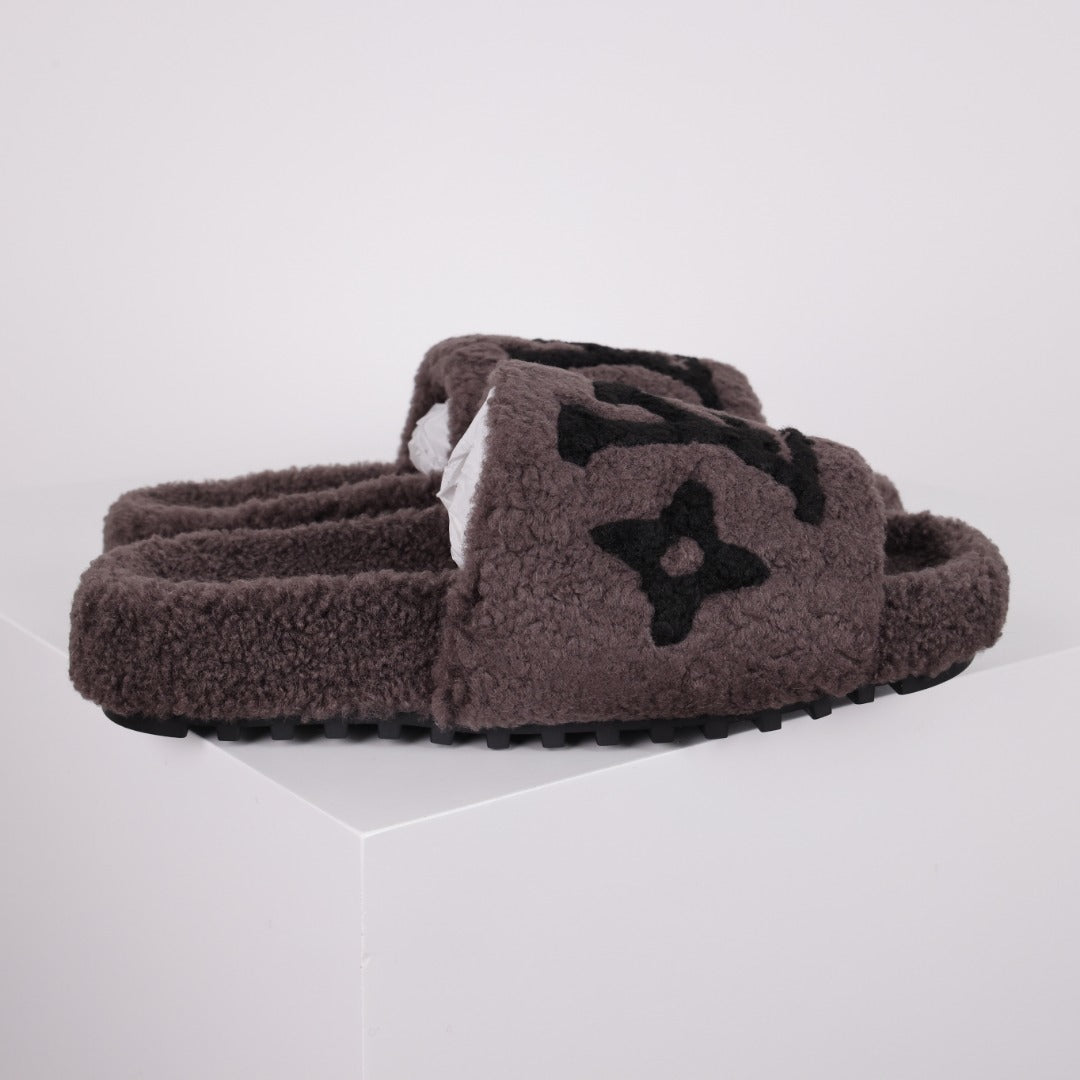 L***V Dark Chocolate Brown Tonal Monogram Shearling Lambswool Double Strap Slide Sandals — Autumn Winter Boutique Limited Edition