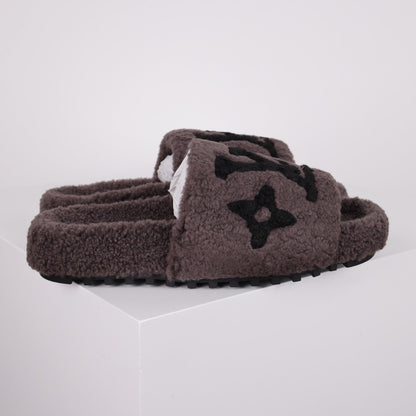 L***V Dark Chocolate Brown Tonal Monogram Shearling Lambswool Double Strap Slide Sandals — Autumn Winter Boutique Limited Edition