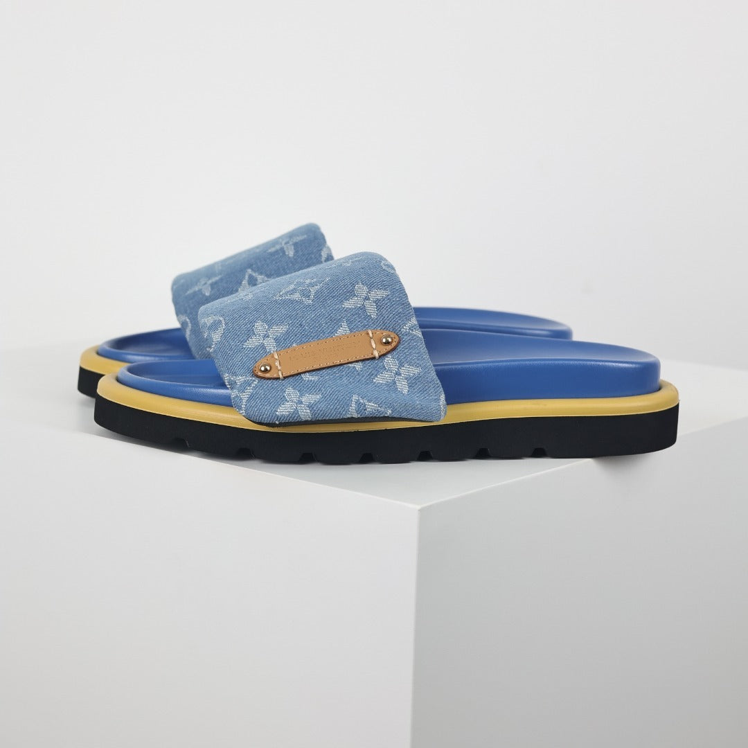 L***V Sky Blue Denim Monogram Gold Safety Pin Platform Slide Sandals — 2024 Spring Summer Boutique Limited Edition