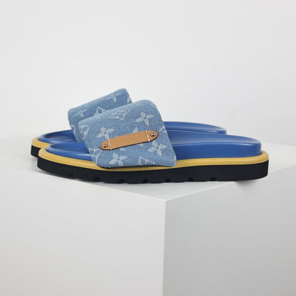 L***V Sky Blue Denim Monogram Gold Safety Pin Platform Slide Sandals — 2024 Spring Summer Boutique Limited Edition