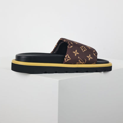 L***V Dark Brown Giant Monogram Canvas Wide Strap Platform Slide Sandals — 2024 Spring Summer Boutique Limited Edition