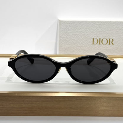 D**R Small Round Oval Sunglasses | Gloss Black Acetate, Crystal-Set DIOR Letter Temple Block, Gold Metal Nose Bridge, Flat Dark Grey Lenses