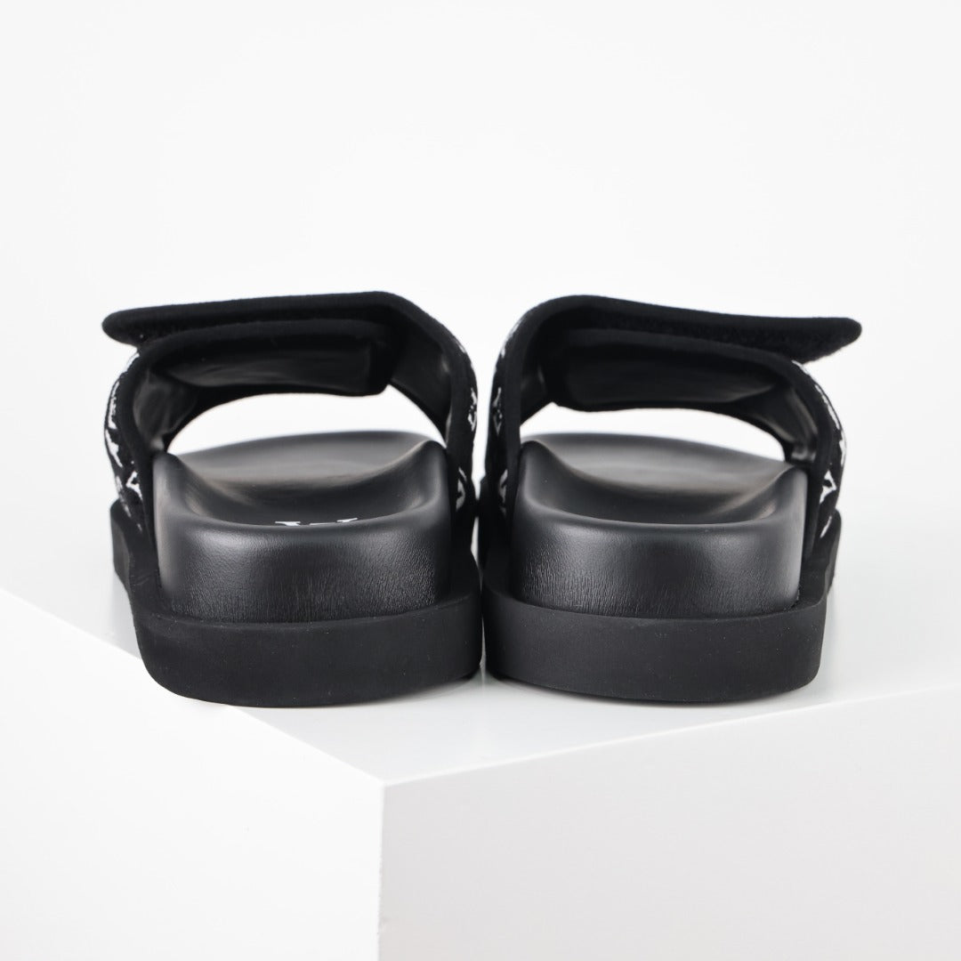 L***V Black White Monogram Woven Jacquard Slip-On Wide Strap Miami Slide Sandals — Spring Summer Boutique Limited Edition
