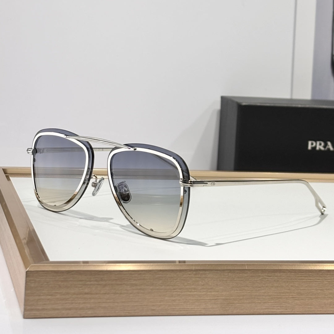 D**R BlackSuit A1U Aviator Sunglasses | Transparent White Acetate Frame, Blue-Grey Gradient Lenses, Gold-Silver Double Bridge | Multiple Colors