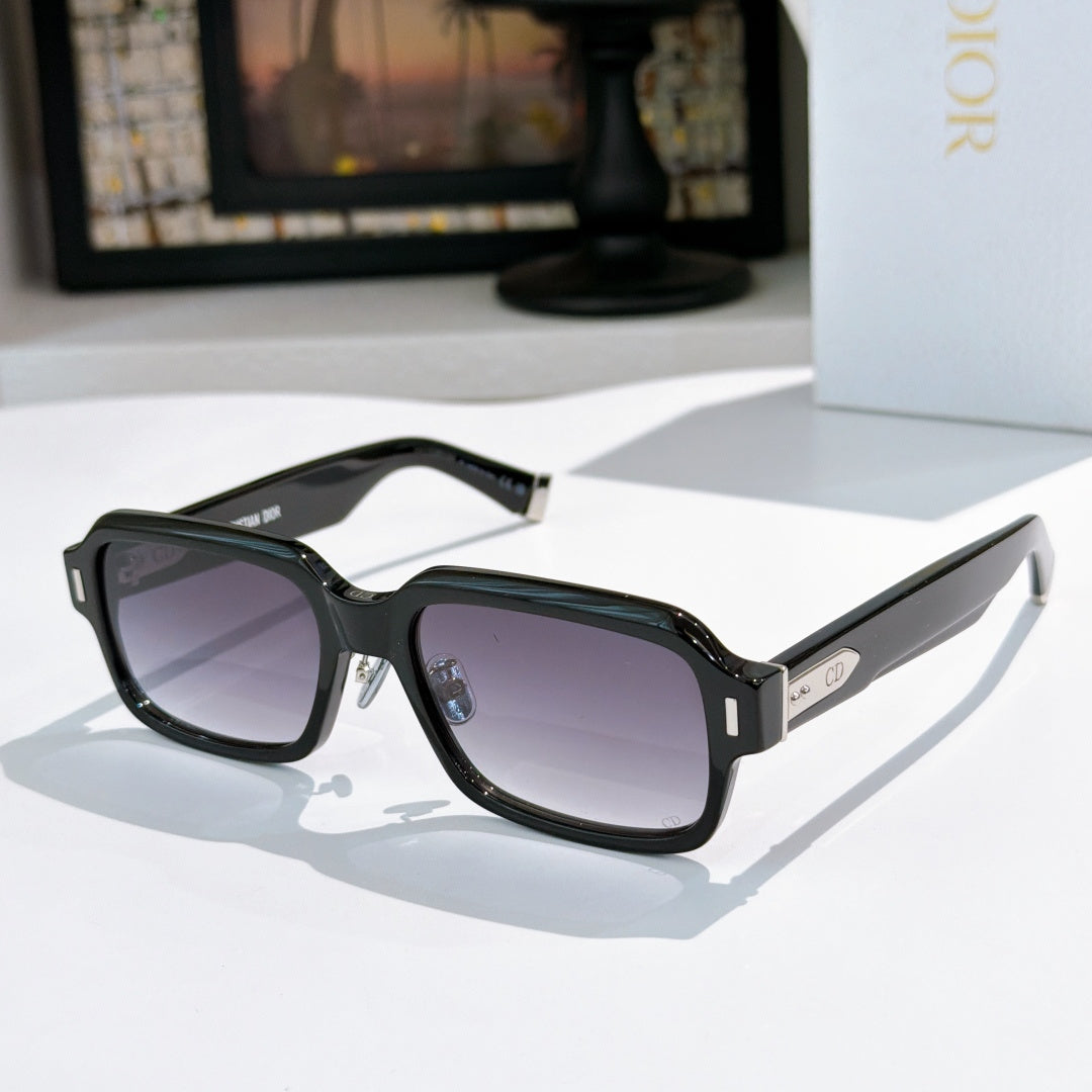 D**R Thick Rectangular Sunglasses with Chunky Smoky Grey Transparent Acetate Frame, Dark Grey Solid Lenses & Silver CD Badge Hardware