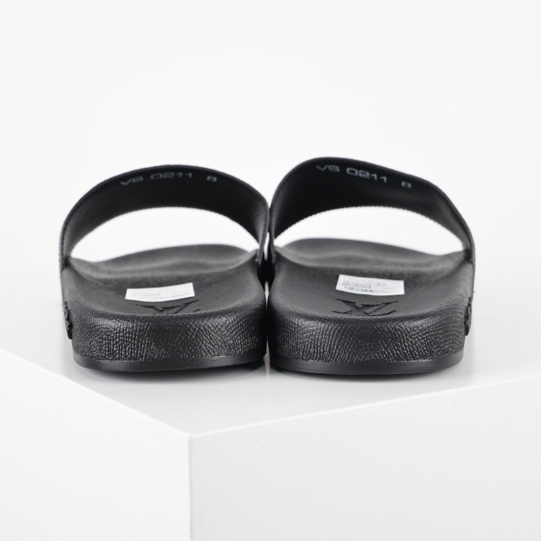 L***V Black White All-Over Oversized Monogram Waterfront Wide Strap Slide Sandals — Spring Summer Boutique Limited Edition